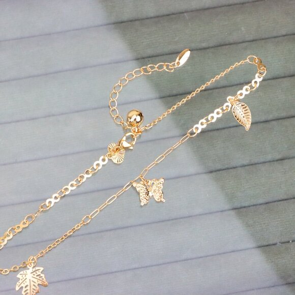 "Rose Gold Anklet with Butterfly & Leaf Charms, XPAL1169 - Picture 10 of 12